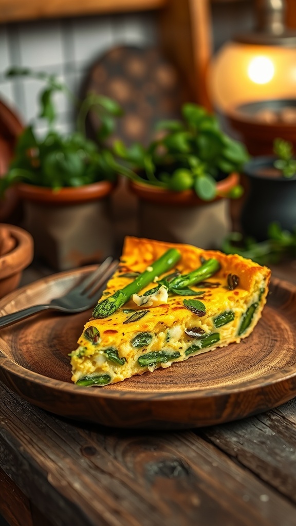 A slice of asparagus frittata with cheese on a wooden plate, surrounded by herbs in a kitchen.